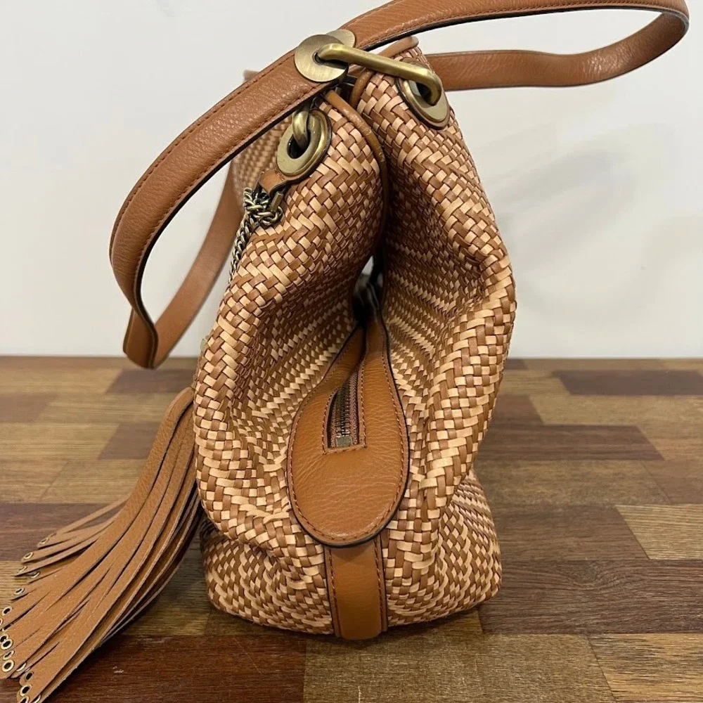 Michael Kors Brooklyn Woven Chevron Leather Shoulder Bag Tan Brown Tassel Hobo